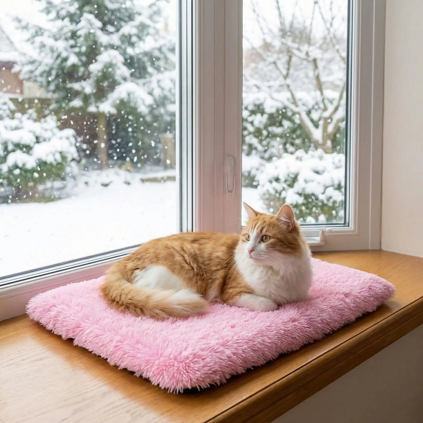 coussin Ă chat rectangle moelleux rose brillant avec chat neige