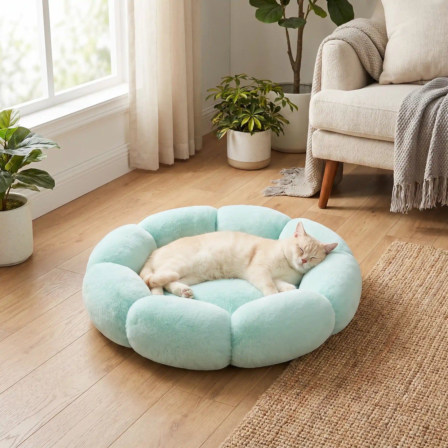 coussin pour chat fleur vert menthe pastel avec chat