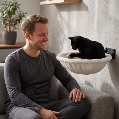 hamac chat mural blanc doux homme chat noir