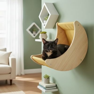 hamac chat mural croissant de lune avec chat au repos