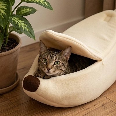 lit pour chat banane blanche chat caché