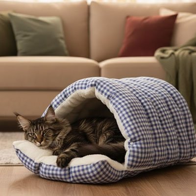 lit pour chat tunnel fermé carreaux bleus avec chat allongé