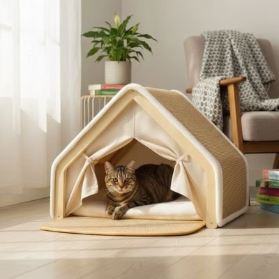 maison pour chat beige avec chat allongé
