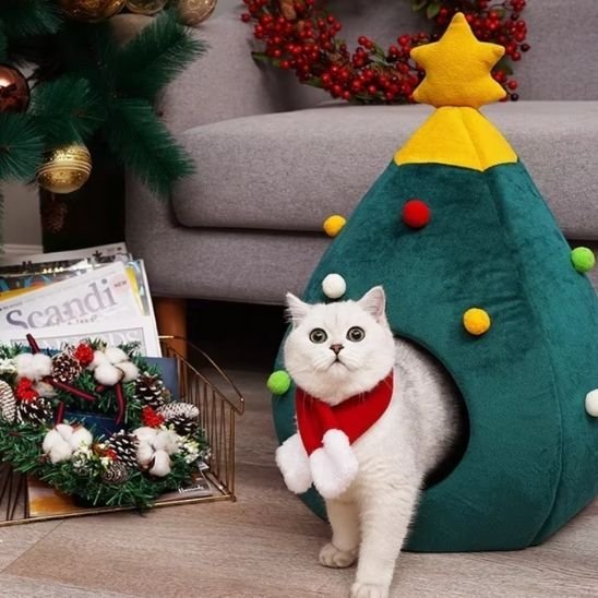 niche pour chat sapin festif avec chat blanc à moitié dedans