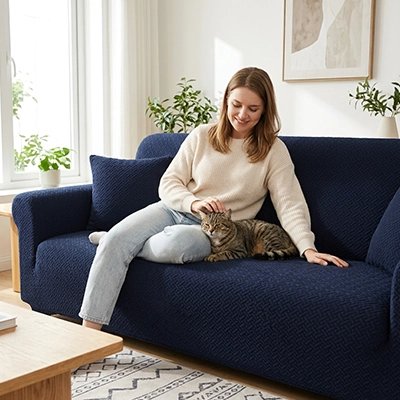 protection canapé chat bleue marine humain chat