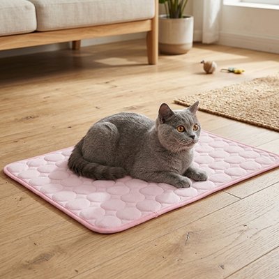 tapis rafraichissant chat rose avec chat curieux