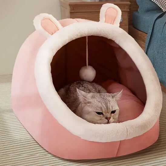 Niche pour chat oreilles lapin rose 2