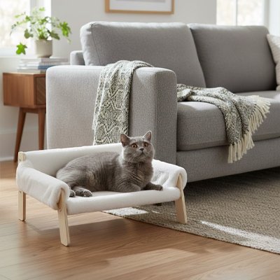 canapé pour chat blanc avec chat gris 