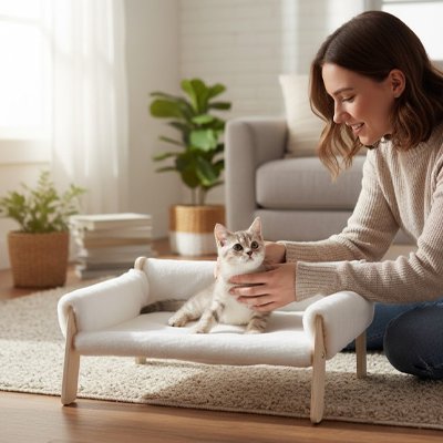 canapé pour chat blanc avec chat humain