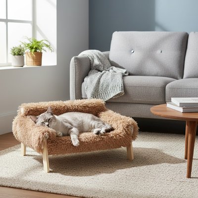 canapé pour chat peluche marron avec chat allongé