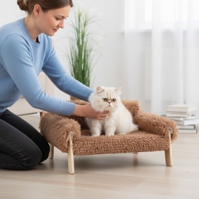 canapé pour chat peluche marron avec chat humain