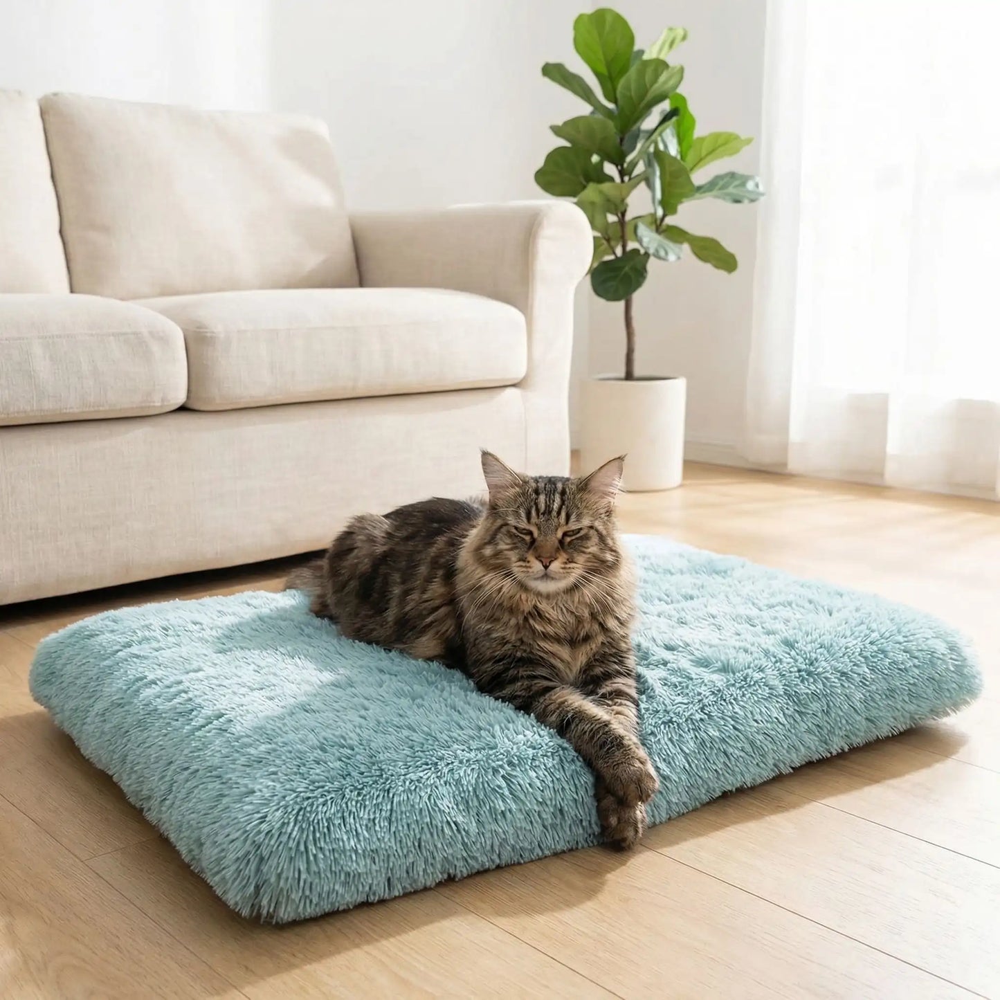 coussin à chat rectangle moelleux bleu tendre avec chat allongé 