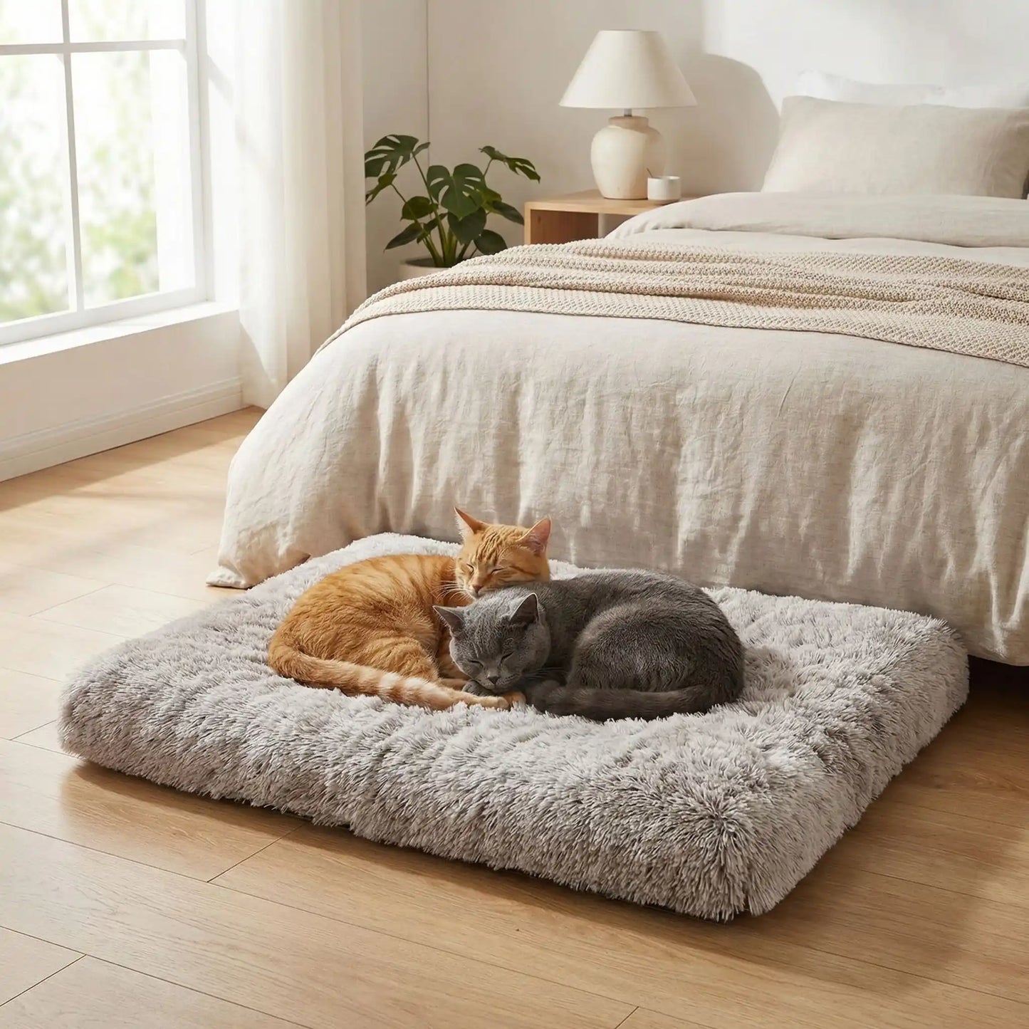 coussin à chat rectangle moelleux gris clair avec chats dodo 