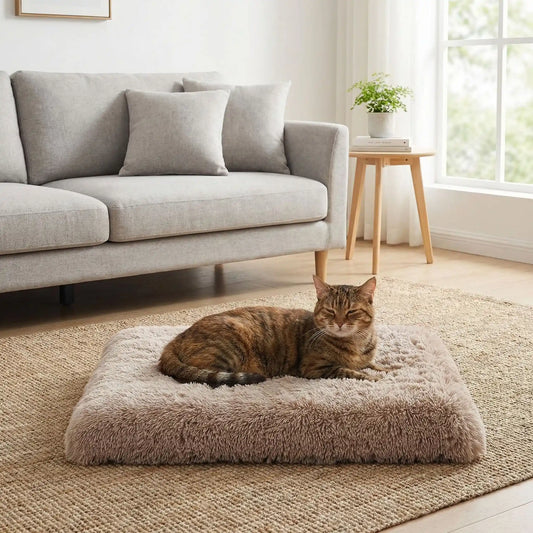 coussin à chat rectangle moelleux marron doux avec chat 