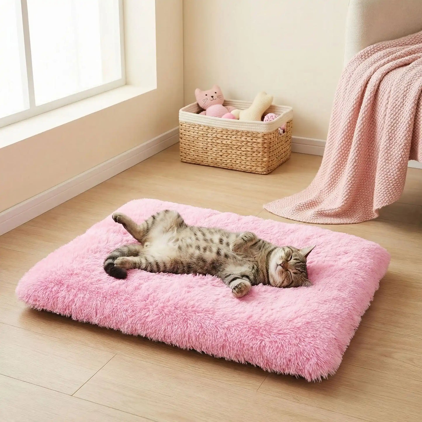 coussin à chat rectangle moelleux rose brillant avec chat endormi 