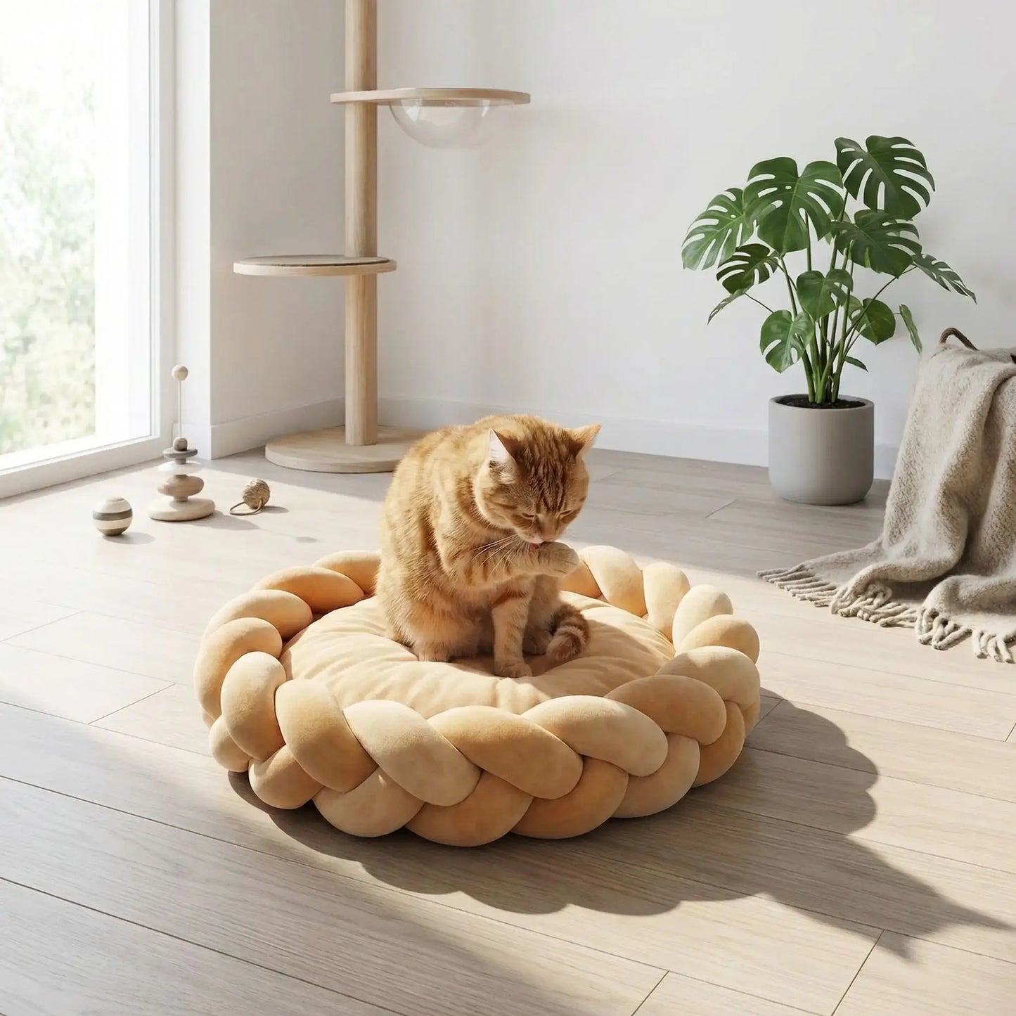 coussin à chat rond beige doré bord tressé 