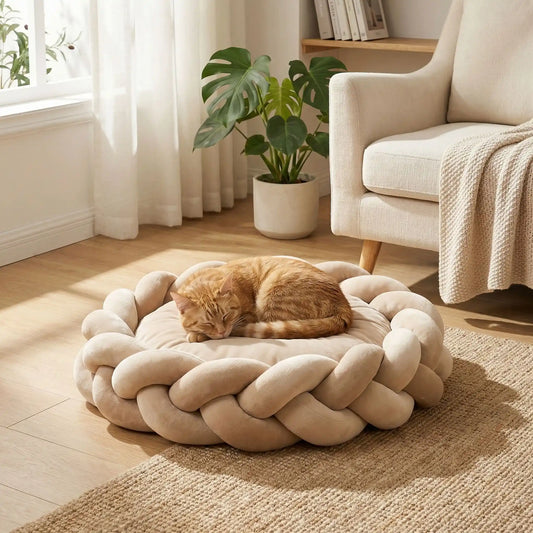coussin à chat rond beige neutre bord tressé