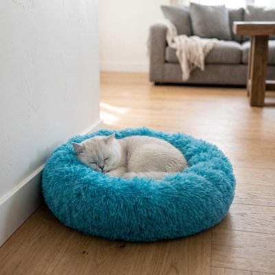 coussin a chat rond bleu pétant avec chat endormi 