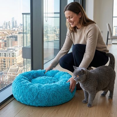 coussin a chat rond bleu pétant chat humain