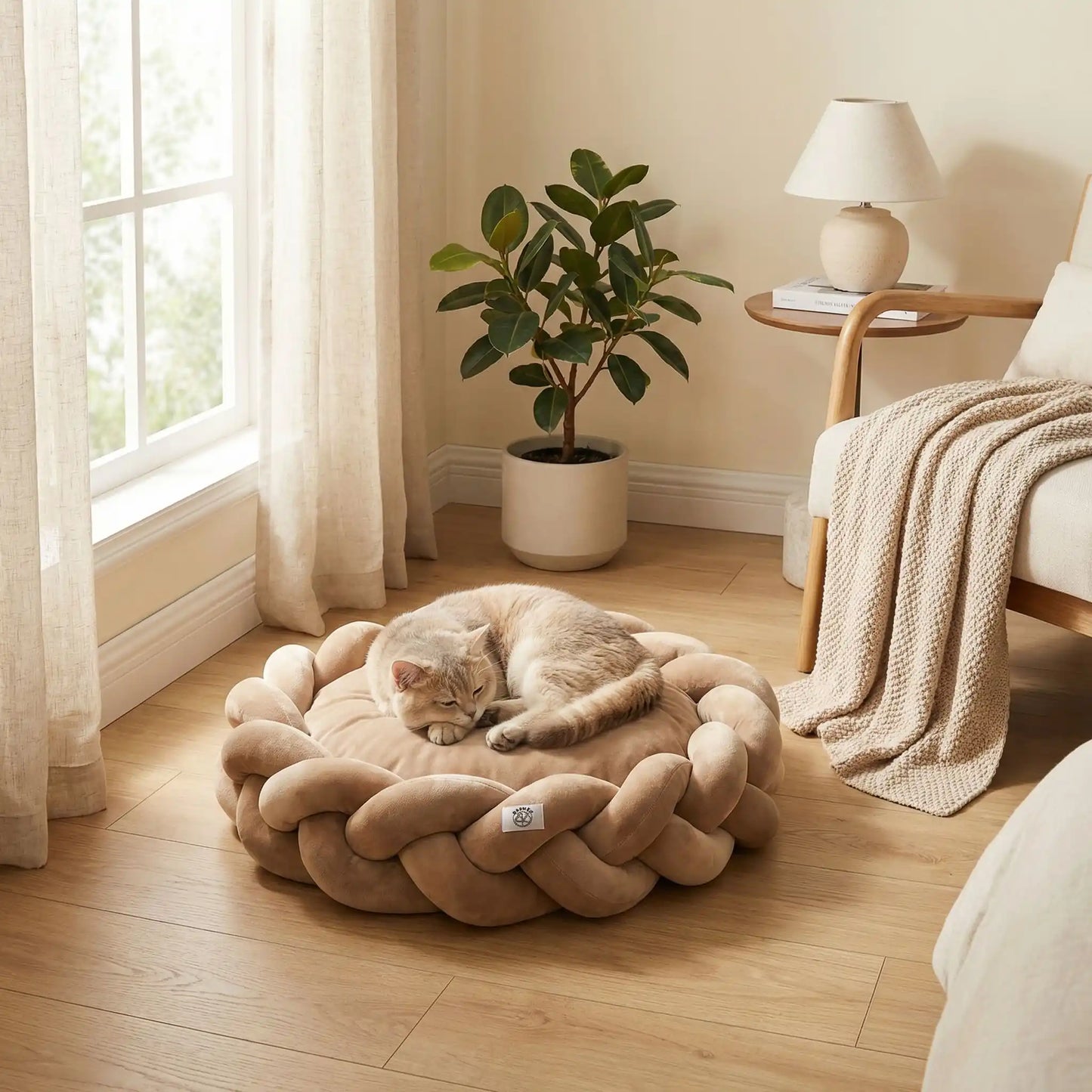 coussin à chat rond marron chaud bord tressé 