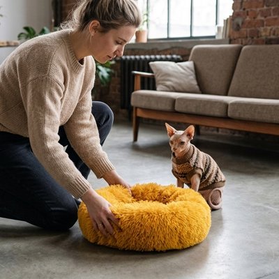 coussin a chat rond orange doré chat humain 2