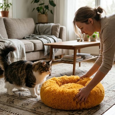 coussin a chat rond orange doré chat humain