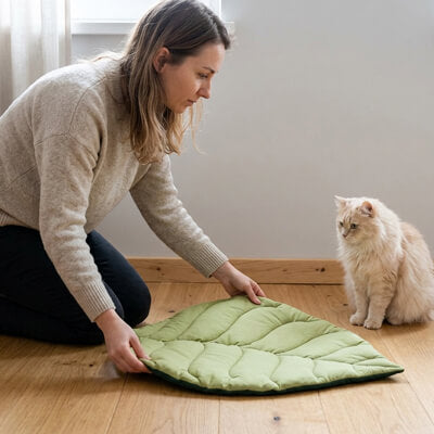 coussin à chat tapis feuille avec chat humain 