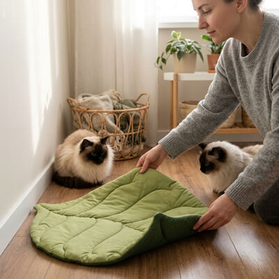 coussin à chat tapis feuille avec chats humain 