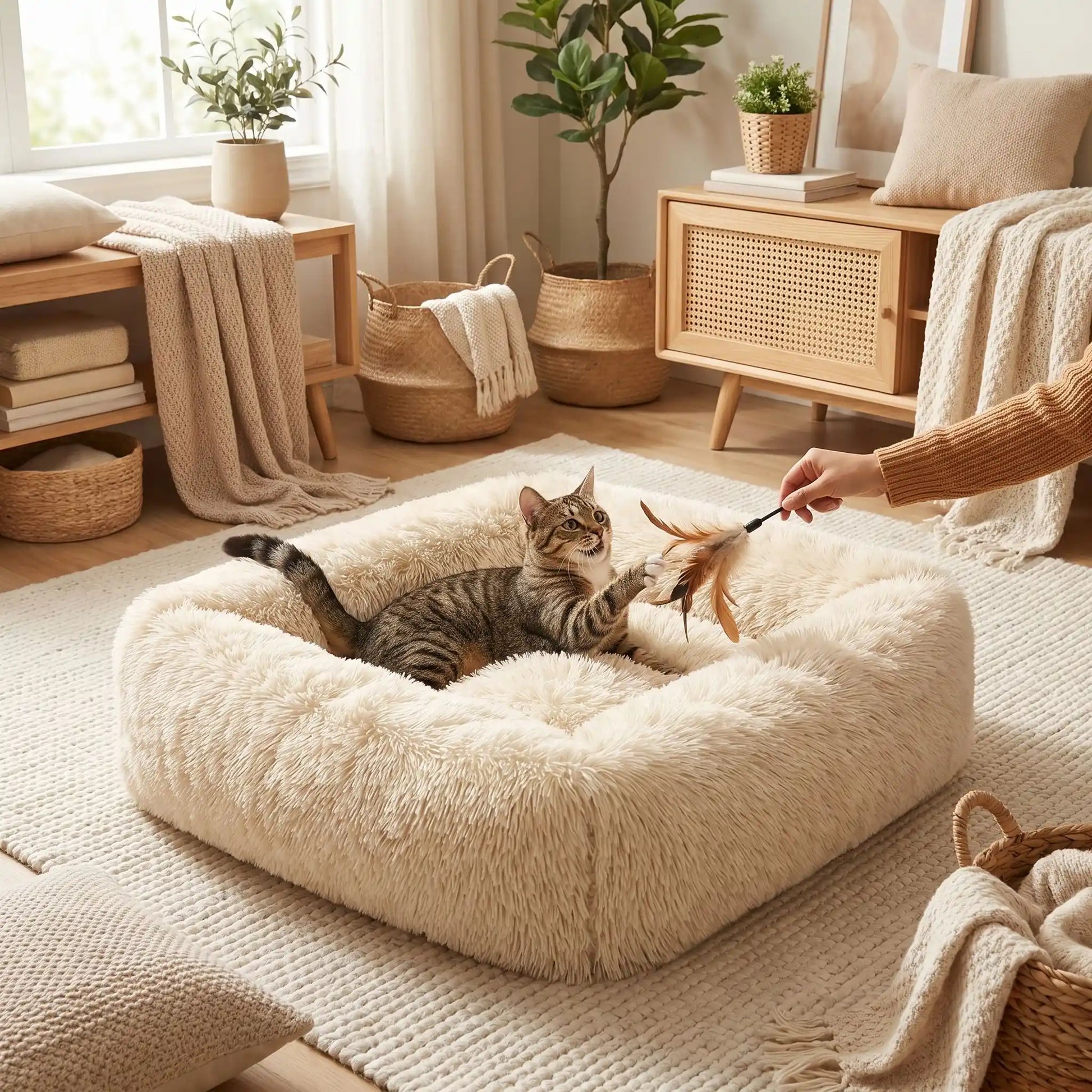 coussin chat blanc crème avec chat jouant 
