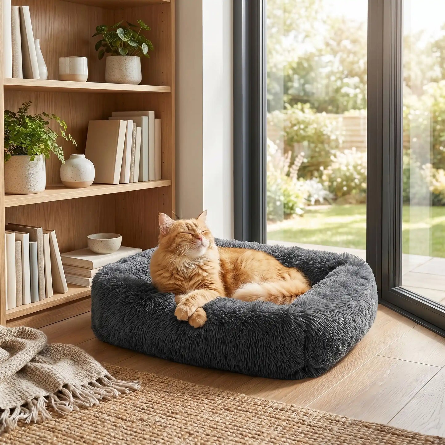 coussin chat gris foncé avec chat détendu 