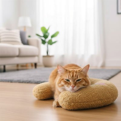 coussin chat oreiller beige jaune avec chat au repos 