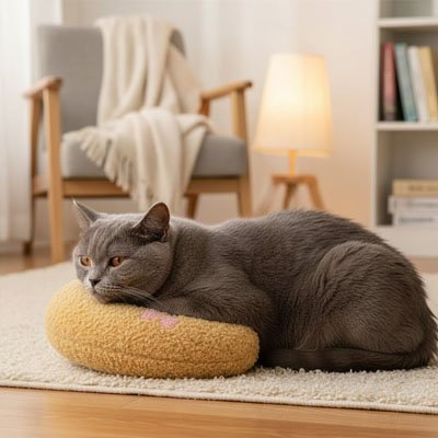 coussin chat oreiller beige jaune avec chat tranquille