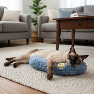coussin chat oreiller bleu avec chat allonge