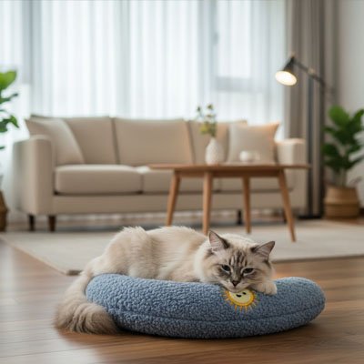coussin chat oreiller bleu avec chat calme 