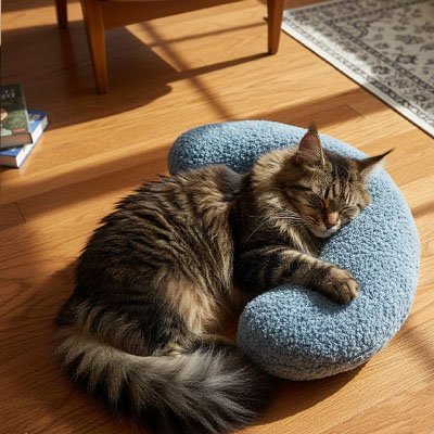 coussin chat oreiller bleu avec chat endormi 