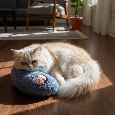 coussin chat oreiller bleu fonce doux avec chat allonge 