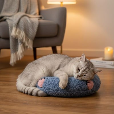 coussin chat oreiller bleu fonce doux avec chat calme 