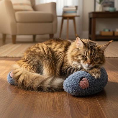 coussin chat oreiller bleu fonce doux avec chat endormi 