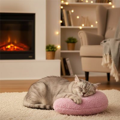 coussin chat oreiller rose avec chat endormi