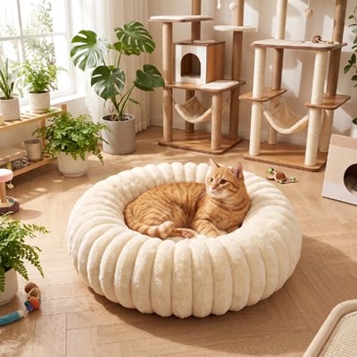 coussin pour chat blanc chat roux allongé