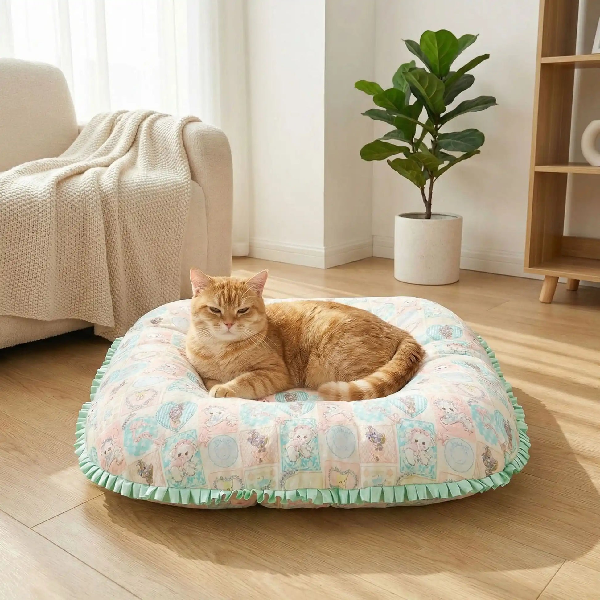 coussin pour chat carré rembourré avec chat allongé 