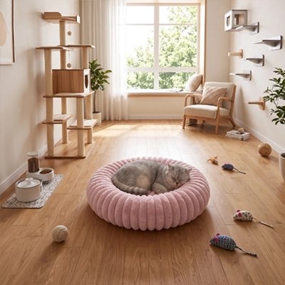 coussin pour chat mauve rond chat endormi