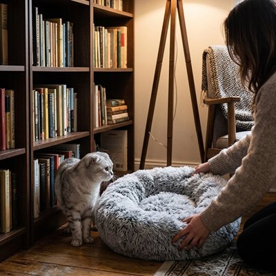 coussin pour chat rond moelleux gris humain et chat 