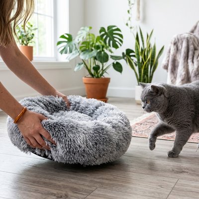 coussin pour chat rond moelleux gris 