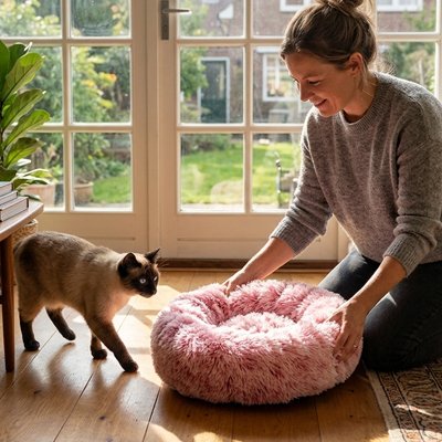 coussin pour chat rond moelleux rose humain et chat 