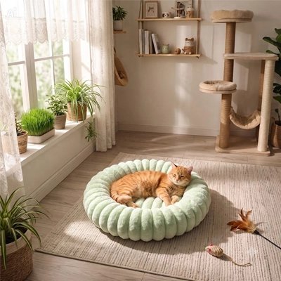 coussin pour chat vert menthe chat détendu soleil 