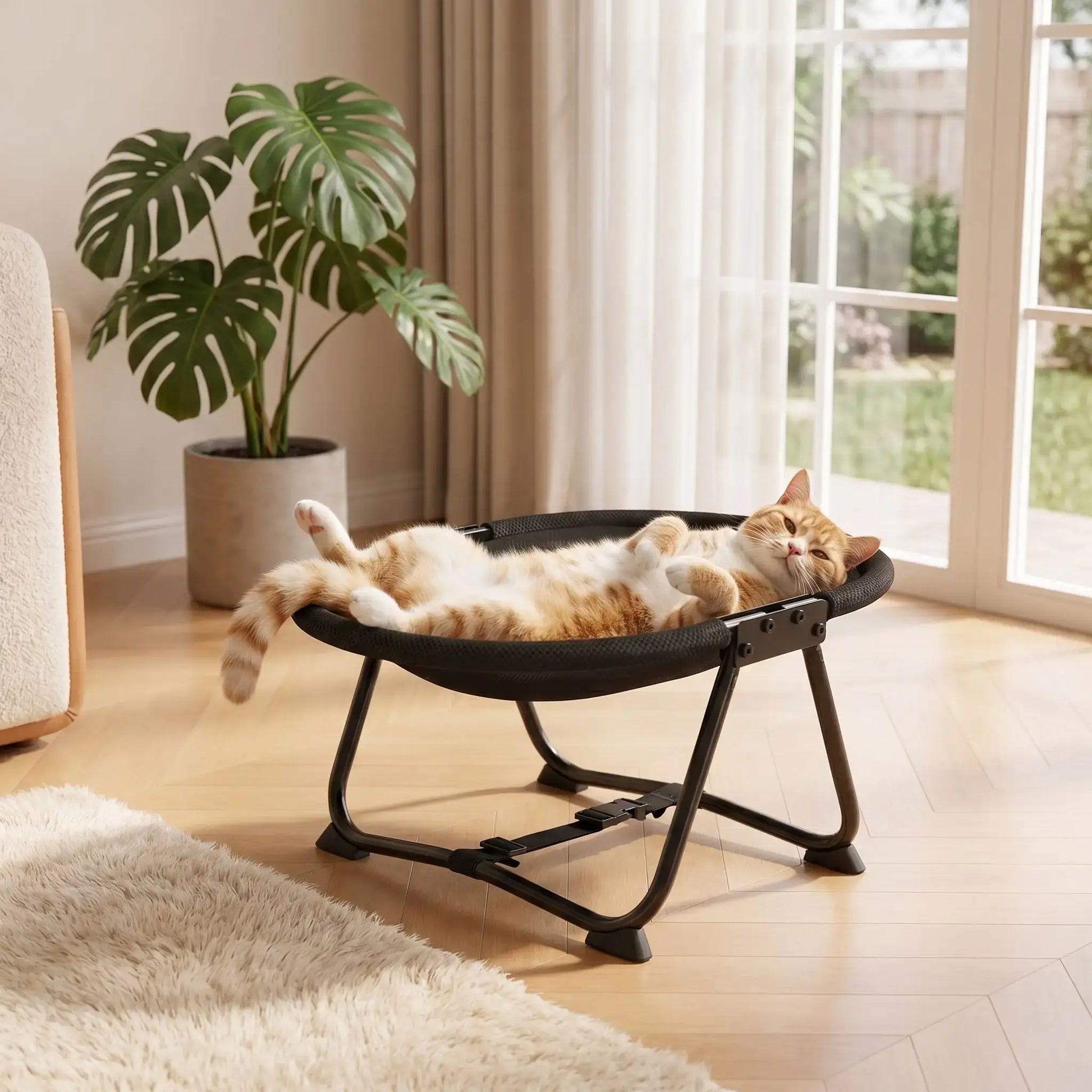 hamac à chat sur pieds housse maille avec chat allongé
