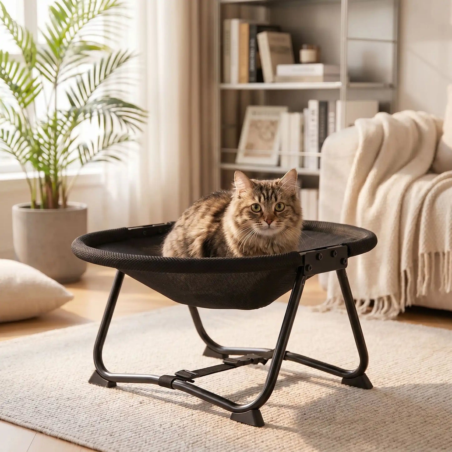 hamac à chat sur pieds housse maille avec chat curieux 