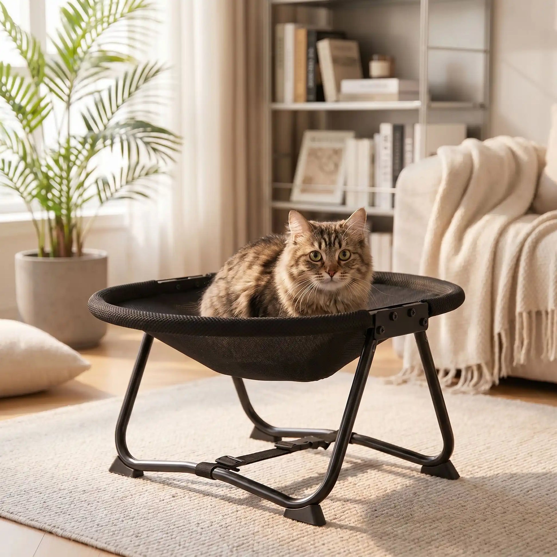 hamac à chat sur pieds housse maille avec chat curieux 