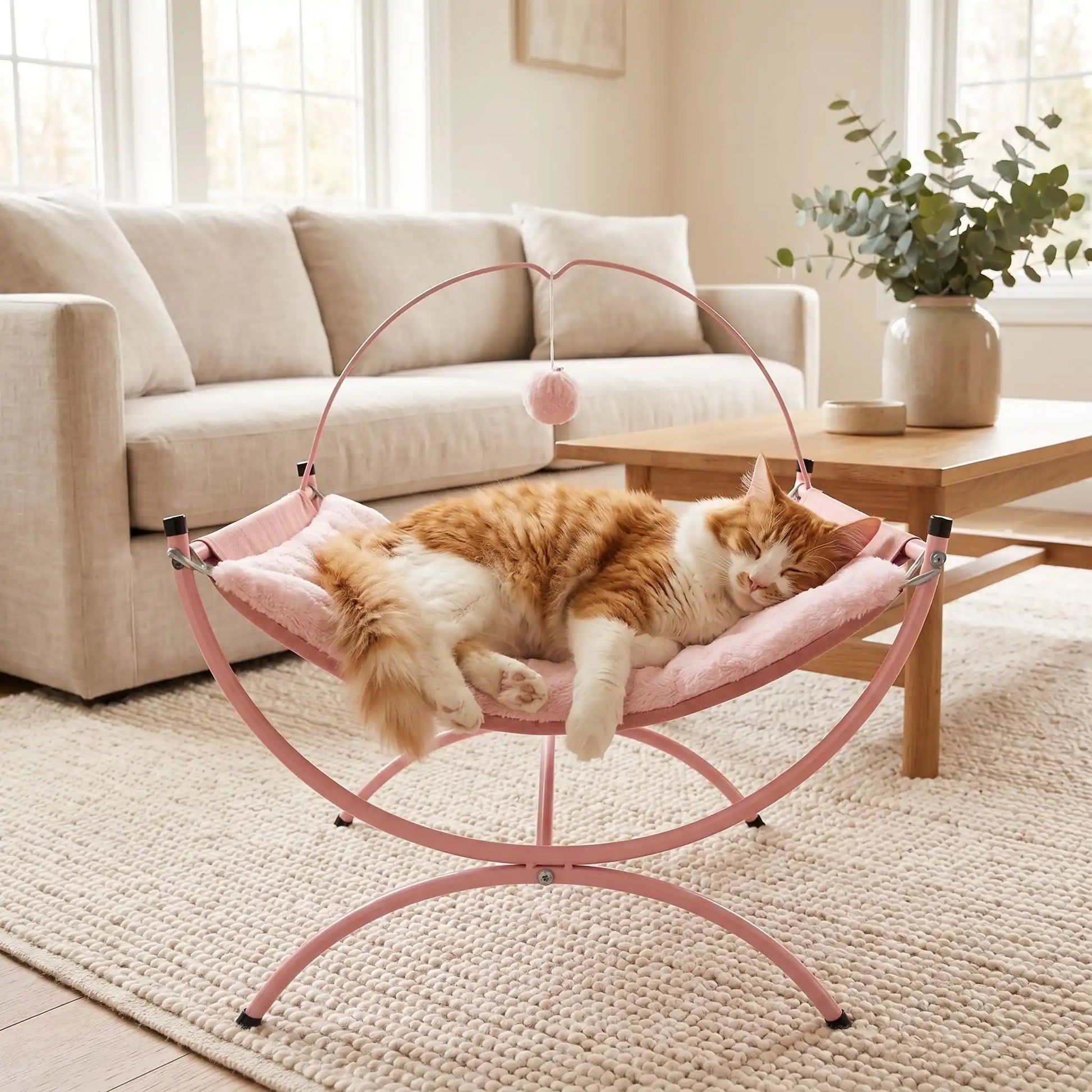 hamac à chat sur pieds rose avec chat endormi 